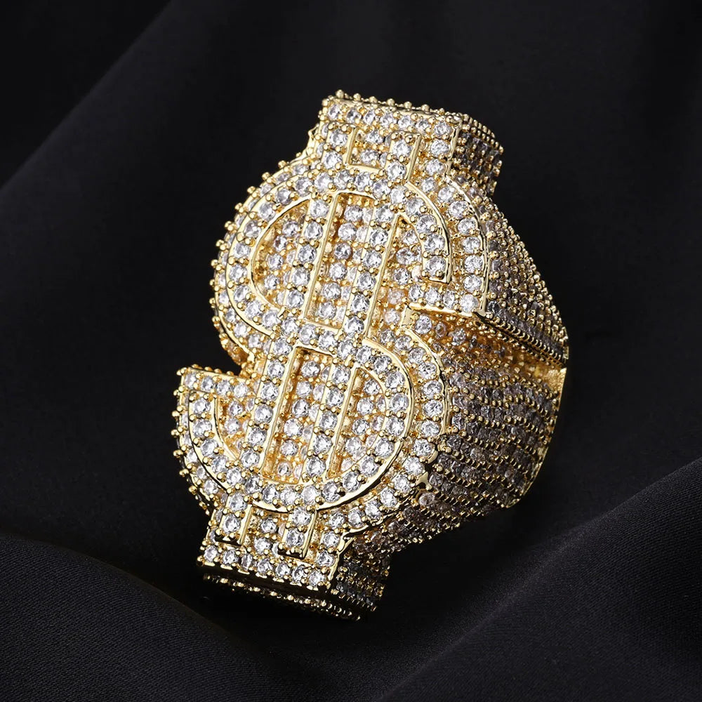 Anillo dorado Ice Out con símbolo de dinero $ y circonitas cúbicas, estilo trap y hip hop unisex.