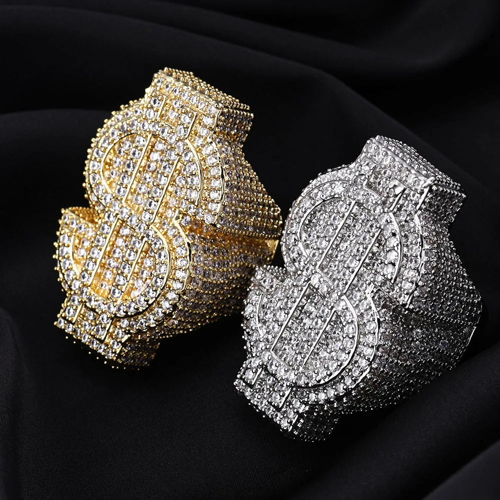 Anillo dorado Ice Out con símbolo de dinero $ y circonitas cúbicas, estilo trap y hip hop unisex.
