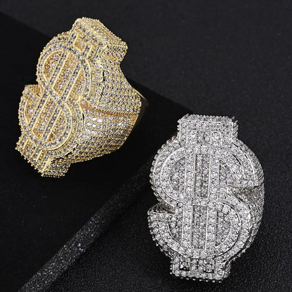 Anillo dorado Ice Out con símbolo de dinero $ y circonitas cúbicas, estilo trap y hip hop unisex.
