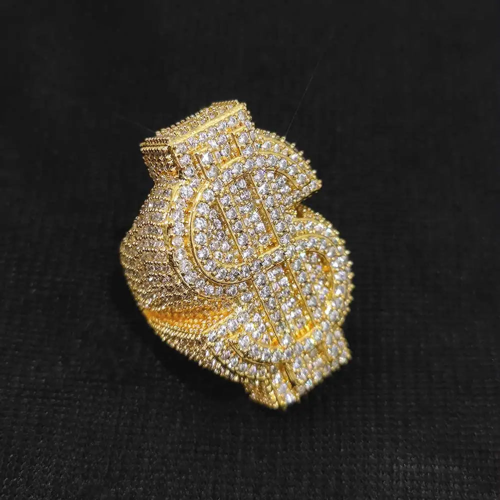 Anillo dorado Ice Out con símbolo de dinero $ y circonitas cúbicas, estilo trap y hip hop unisex.