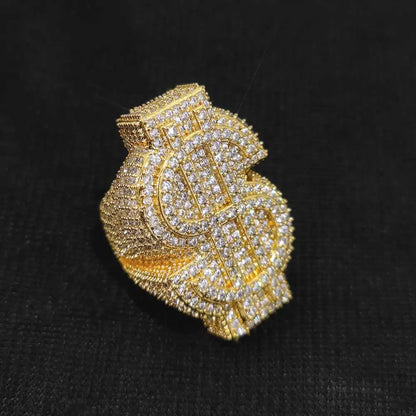 Anillo dorado Ice Out con símbolo de dinero $ y circonitas cúbicas, estilo trap y hip hop unisex.