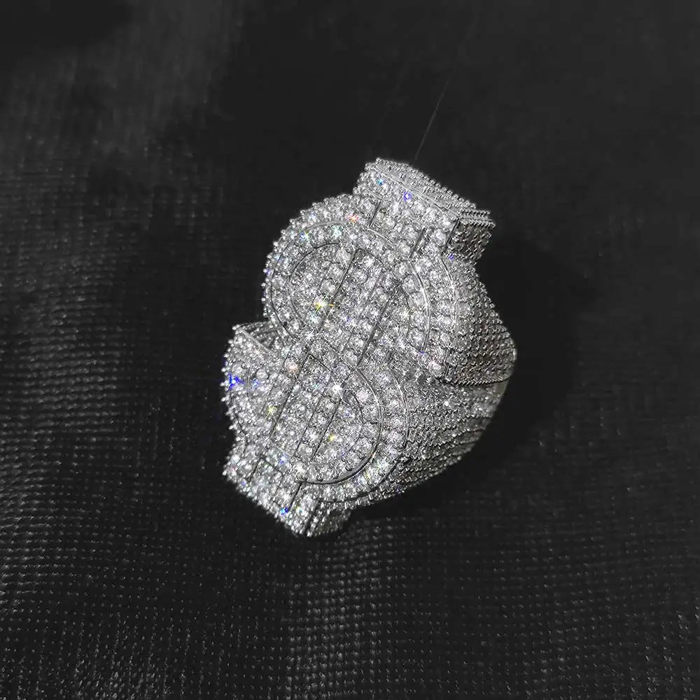 Anillo dorado Ice Out con símbolo de dinero $ y circonitas cúbicas, estilo trap y hip hop unisex.