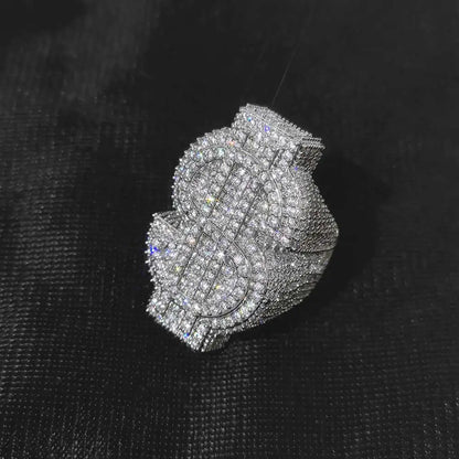 Anillo dorado Ice Out con símbolo de dinero $ y circonitas cúbicas, estilo trap y hip hop unisex.