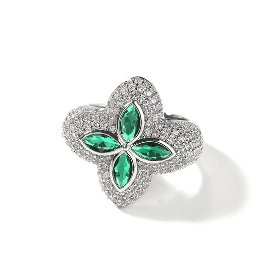 Anillo de trébol verde Ice Out con circonitas cúbicas, joyería trap punk para hombre y mujer.