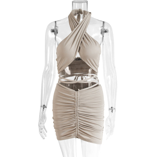 Conjunto Mujer – Top Halter con Cordones + Falda Volante en la Cadera | Verano 2025