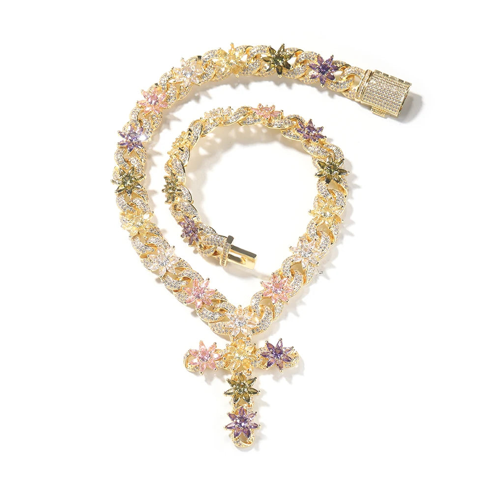 Colorful Flower Cuban Chain Full Paved Iced Out Bling Cubic Zirconia Cross Charms Baguette CZ Cuban Chain Hiphop Jewelry