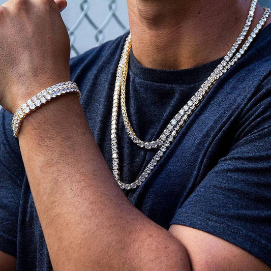 Cadena de tenis Iced Out 18K estilo trap unisex en plata y oro, joyería urbana con diamantes CZ brillantes.

